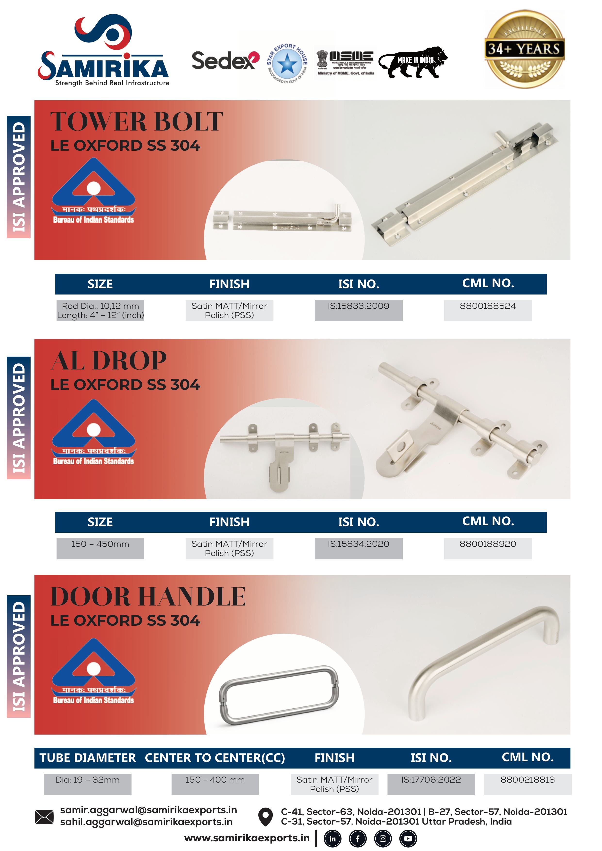 ISI Approved Tower Bolts, Handles &amp; ALDrops